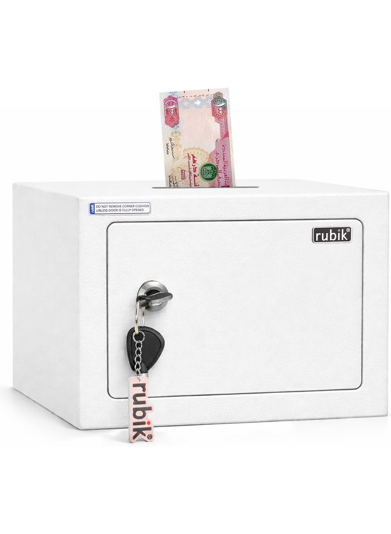 روبيك صندوق أمان صغير أساسي يعمل بالمفتاح مع فتحة (حصالة نقود)، قابل للتركيب على الحائط أو الأرض، مصنوع من الفولاذ مع بطانة ناعمة، للأشياء الصغيرة الثمينة RB-17BK (17x23x17 سم) (أبيض) - Image 1